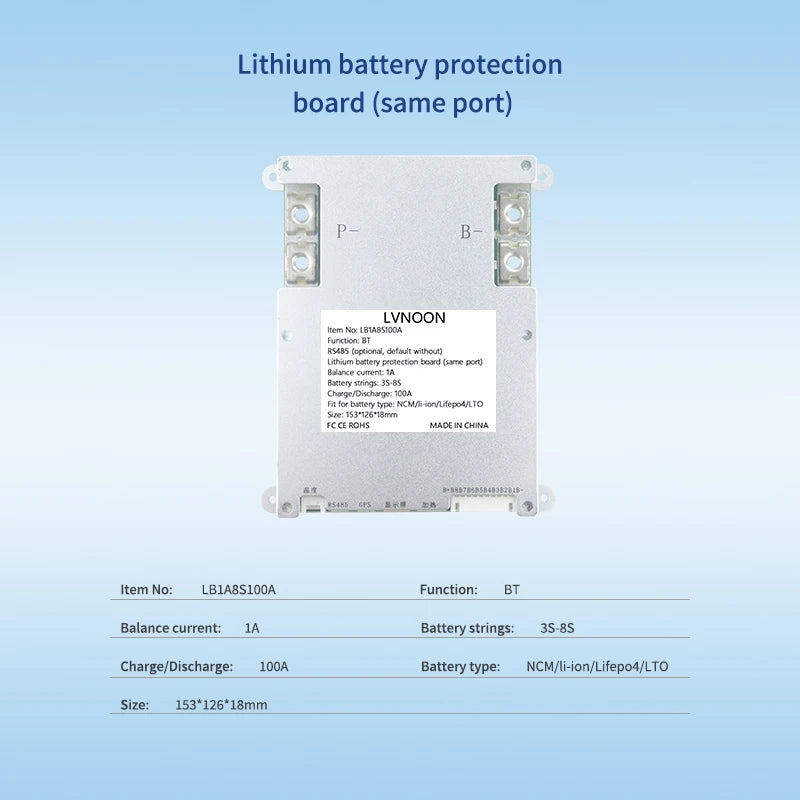 US Stock Active BMS for Li-ion NCM LFP LiFePo4 LTO 3S 4S 5S 6S 7S 8S 100A with APP Control 12V 24V LVNOON LB1A8S100A 3S-8S