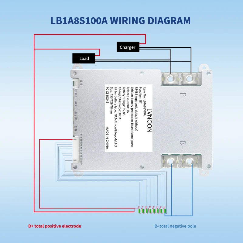 US Stock Active BMS for Li-ion NCM LFP LiFePo4 LTO 3S 4S 5S 6S 7S 8S 100A with APP Control 12V 24V LVNOON LB1A8S100A 3S-8S