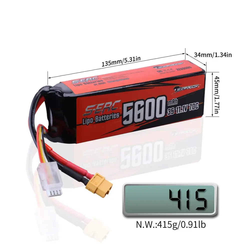 Sunpadow 11.1V 3S LiPo Battery 5600mAh 70C with XT60 Connector Soft Pack for RC Car RC Truck
