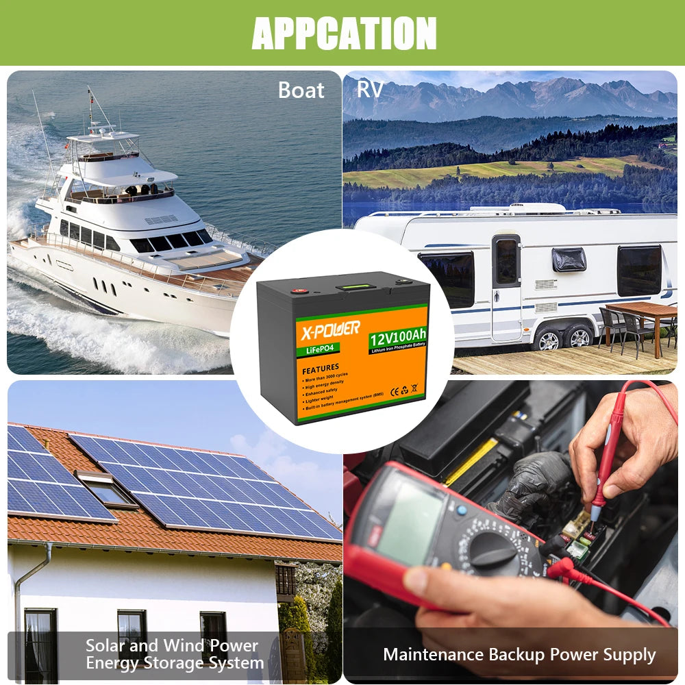 US Stock 12.8V 100Ah LiFePO4 Lightweight Lithium Ion Battery Pack 100A BMS 1280Wh Capacity 5-Year Lifespan for RV/Trolling