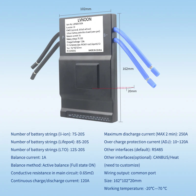 US Stock LVNOON LB1A20S150A Active BMS for Li-ion NCM LFP LiFePo4 LTO 8S 10S 12S 14S 16S 20S 150A with APP Control 48V 60V 72V