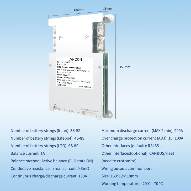 US Stock Active BMS for Li-ion NCM LFP LiFePo4 LTO 3S 4S 5S 6S 7S 8S 100A with APP Control 12V 24V LVNOON LB1A8S100A 3S-8S