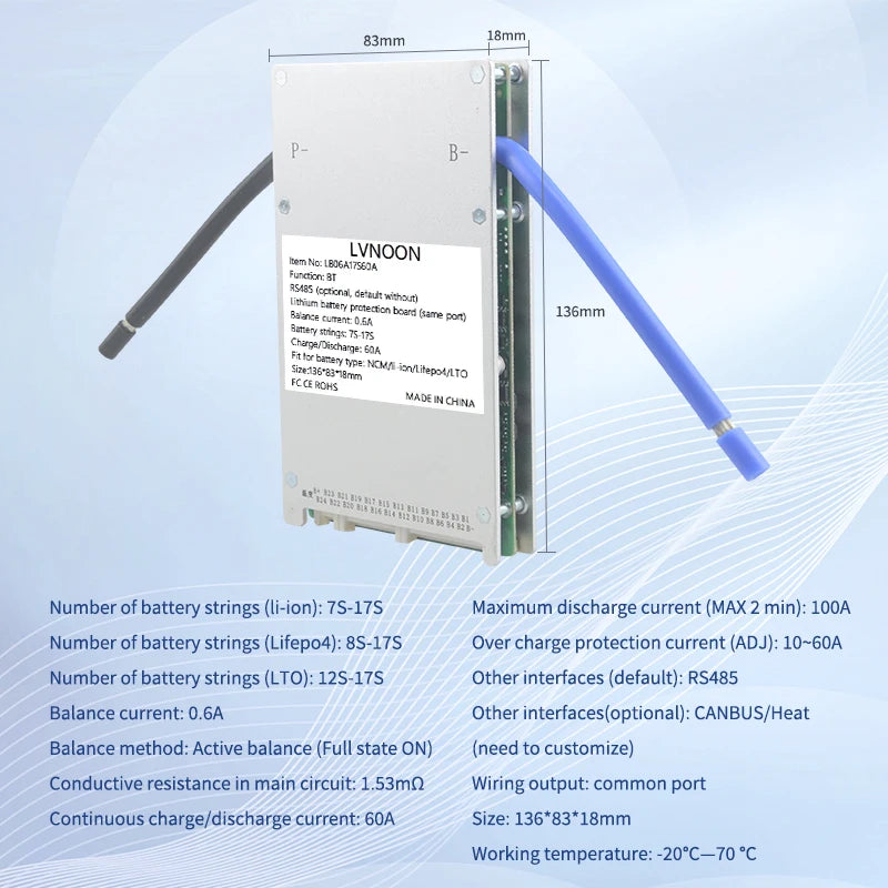 US Stock Active Balance BMS for NCM LifePO4 LTO Battery 8S 10S 12S 14S 16S 17S 60A 48V with APP Control  LB06A17S60A 7S-17S