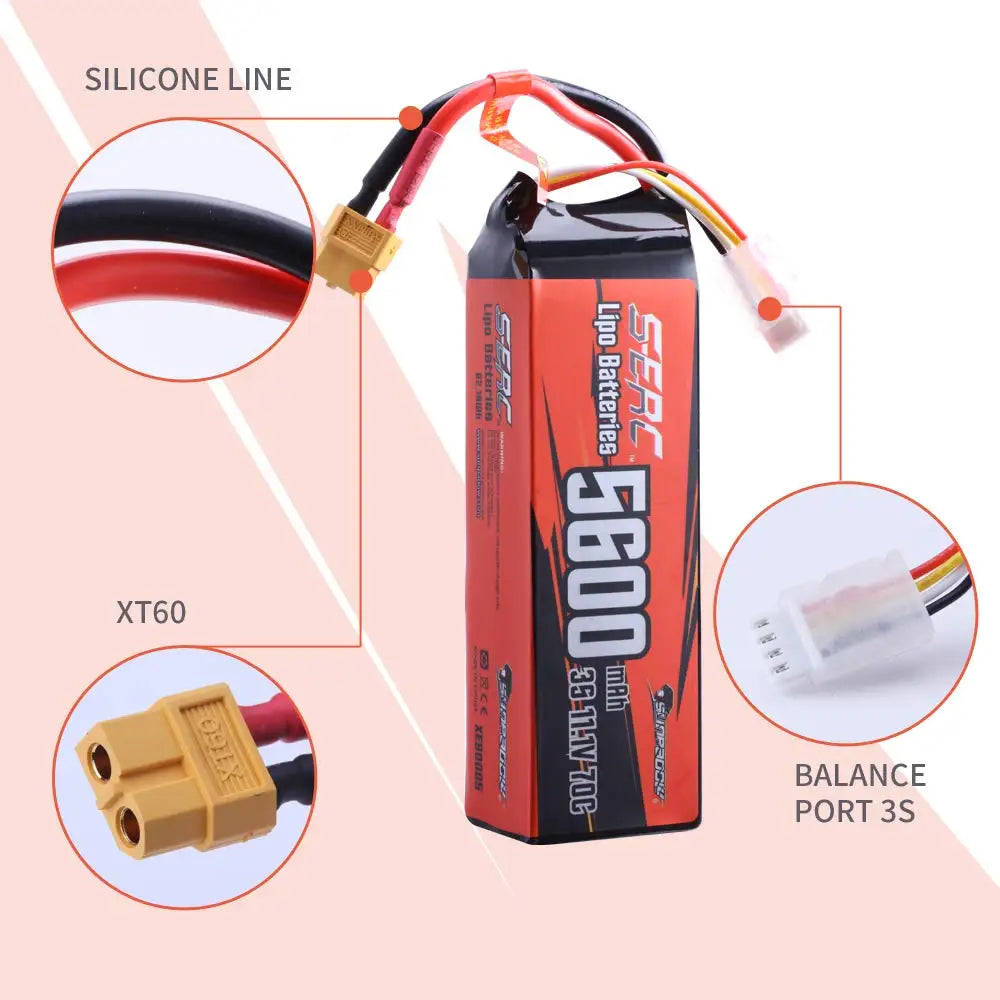 Sunpadow 11.1V 3S LiPo Battery 5600mAh 70C with XT60 Connector Soft Pack for RC Car RC Truck