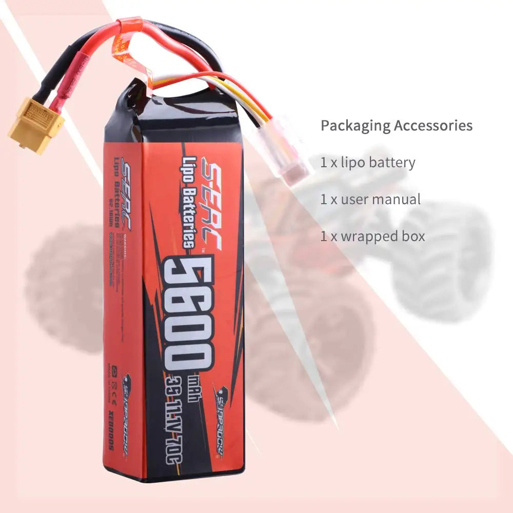 Sunpadow 11.1V 3S LiPo Battery 5600mAh 70C with XT60 Connector Soft Pack for RC Car RC Truck
