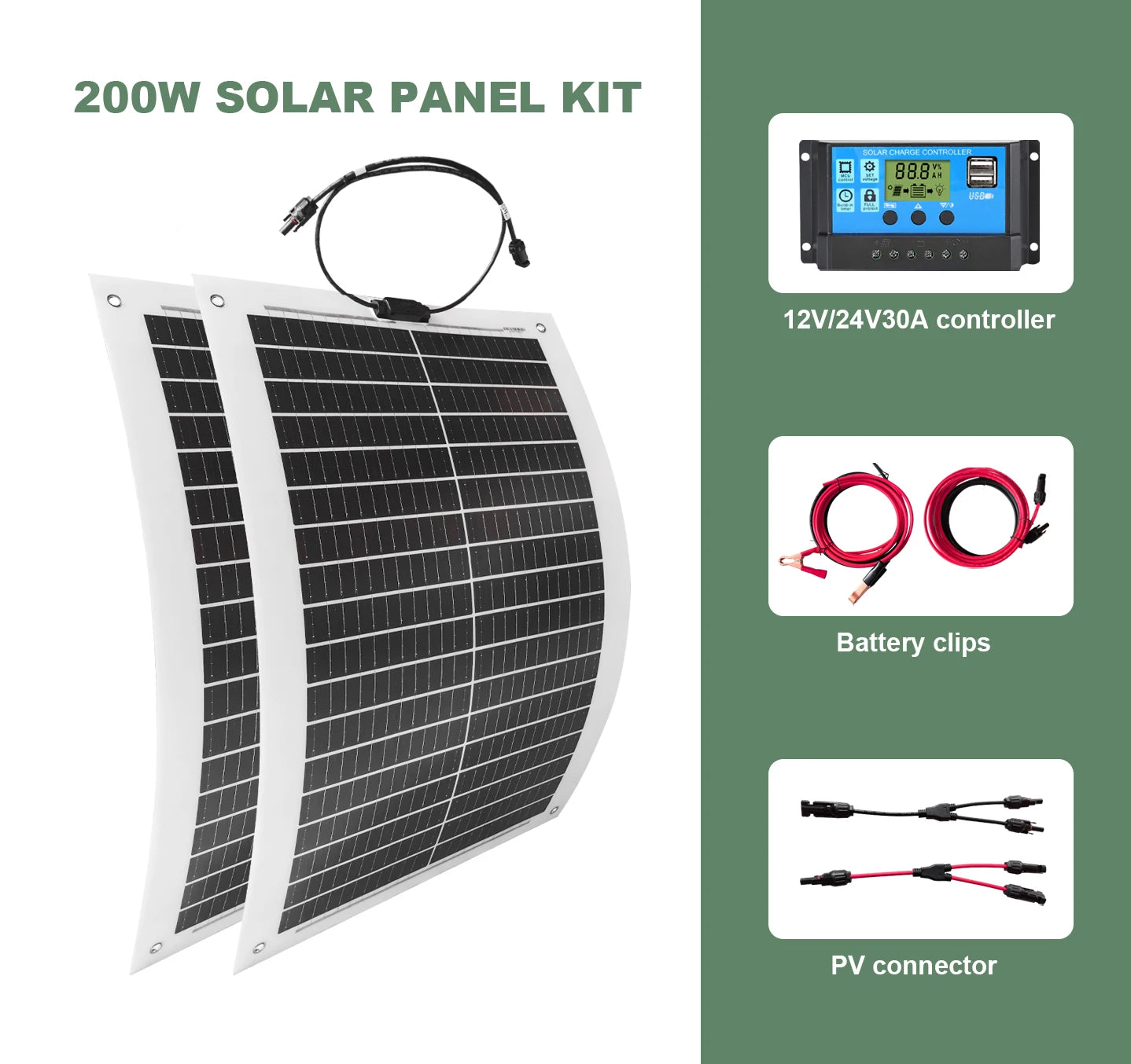 Us Stock 200W Flexible Solar Panel 100W 2 Pieces Solar Controller and Cable Set for Camping Trips Waterproof  Mono Solar Panel PRIME RJ SOLAR PH