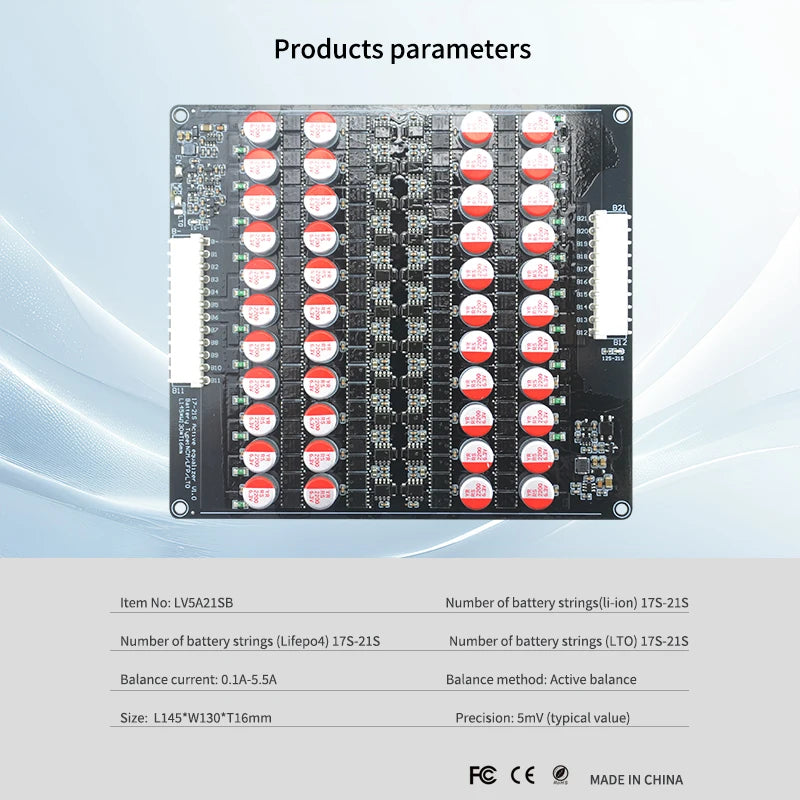 LVNOON 5.5A Active Equalizer Board LV5A21SB for NCM Li-onLifepo4 LTO Lithium Battery 5mV Precision 17S-21S 72V