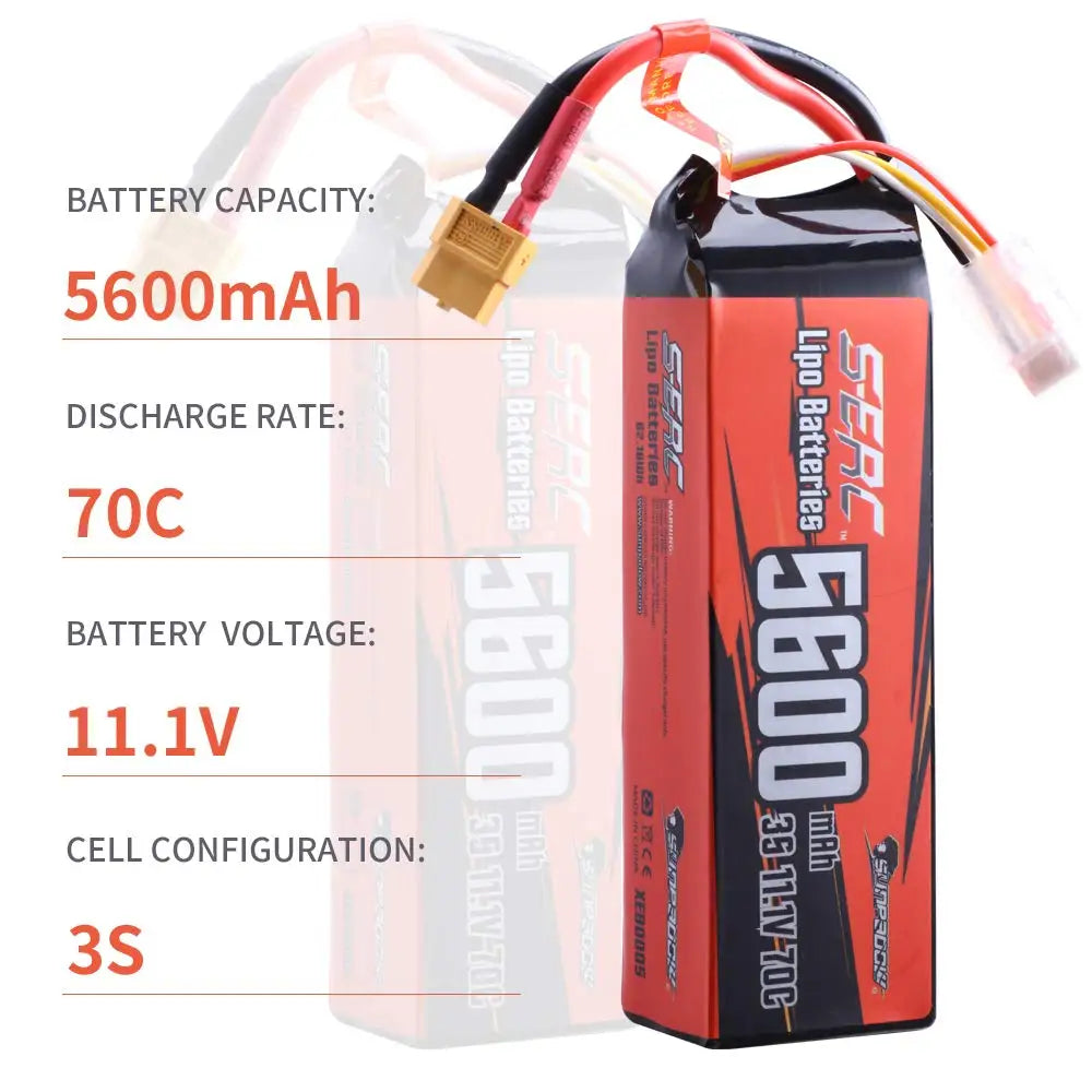 Sunpadow 11.1V 3S LiPo Battery 5600mAh 70C with XT60 Connector Soft Pack for RC Car RC Truck