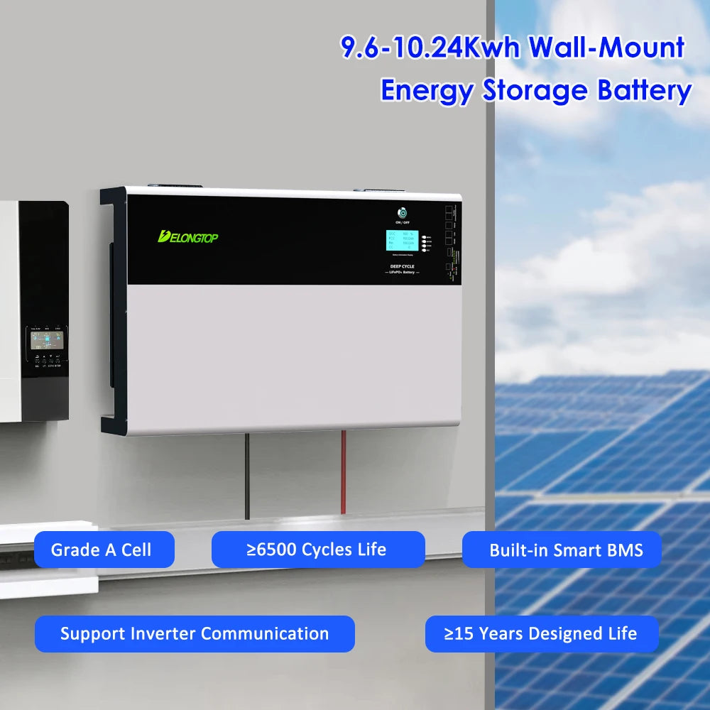 DELONGTOP 10KWH Wall Mounted Energy Storage Lithium Ion LiFePO4 Battery Pack 48V 200AH 51.2V Solar Battery Power Wall PRIME RJ SOLAR PH