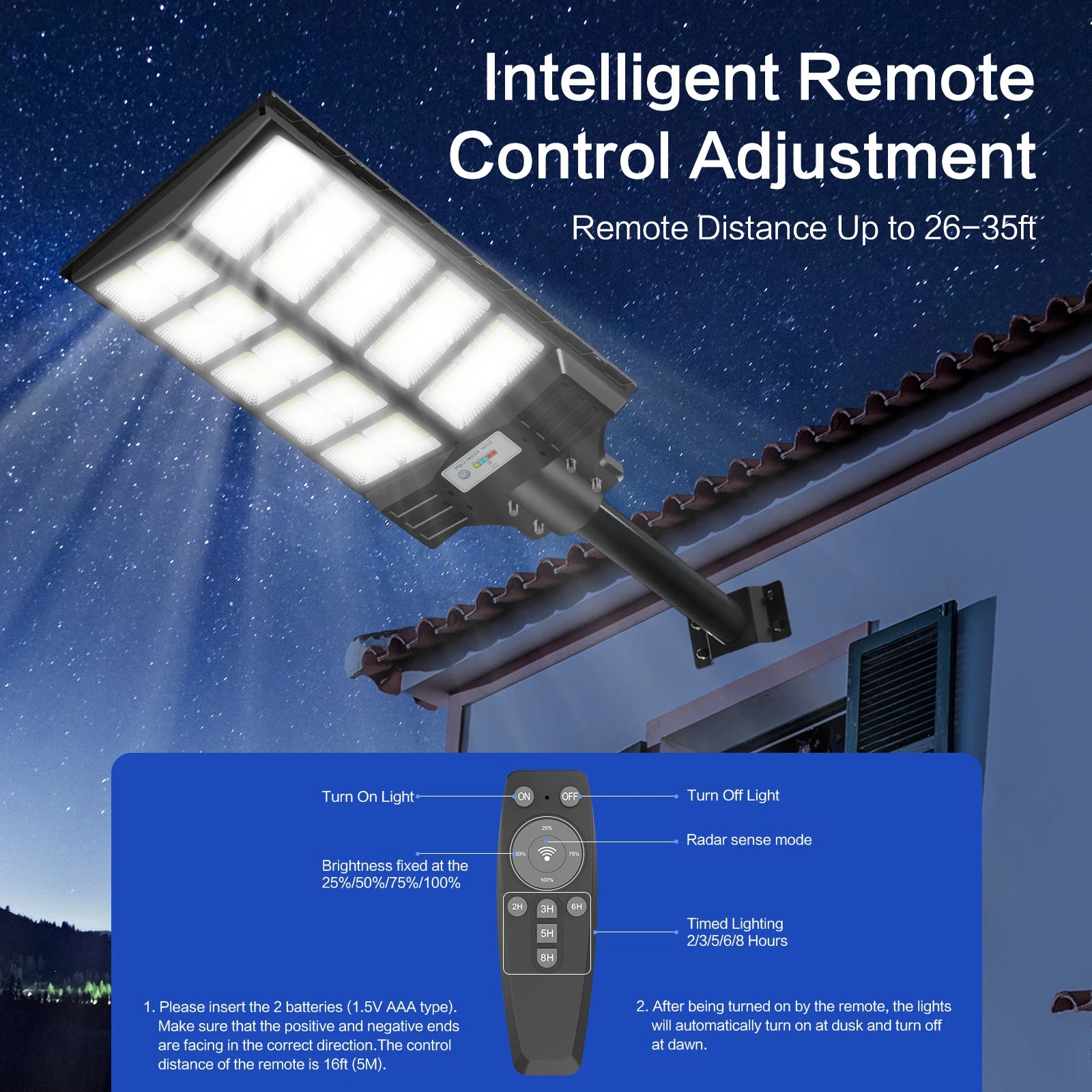 HYKENTE BC020 Solar Street Light High Efficiency LED Motion Sensor Long Runtime Remote Control Roads Yards RoHS CE 3-Year Warranty US Inventory