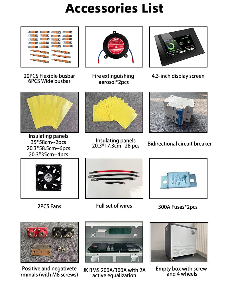 Huanchu 51.2V 33KWh 16S MB56 628Ah LiFePO4 Prismatic Battery Box Kit with JK 300A V19 BMS for Solar Energy Storage
