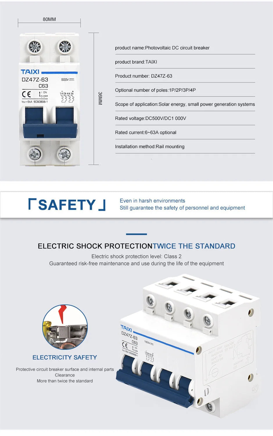 Solar PV MCB DC Circuit Breaker 1P/2P 500V 1000V Photovoltaic disconnect switch 10A 16A 20A 32A 40A 63A 100A 125A PRIME RJ SOLAR PH