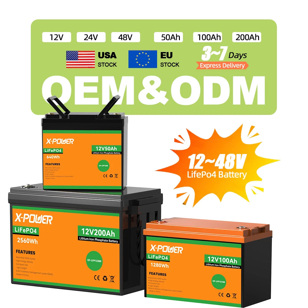 X-POWER XP-LFP12200 LiFePO4 Battery 12V 10Ah 20Ah 50Ah 100Ah 200Ah 300Ah 400Ah BMS MSDS UN38.3 12-Month Warranty US EU Stock