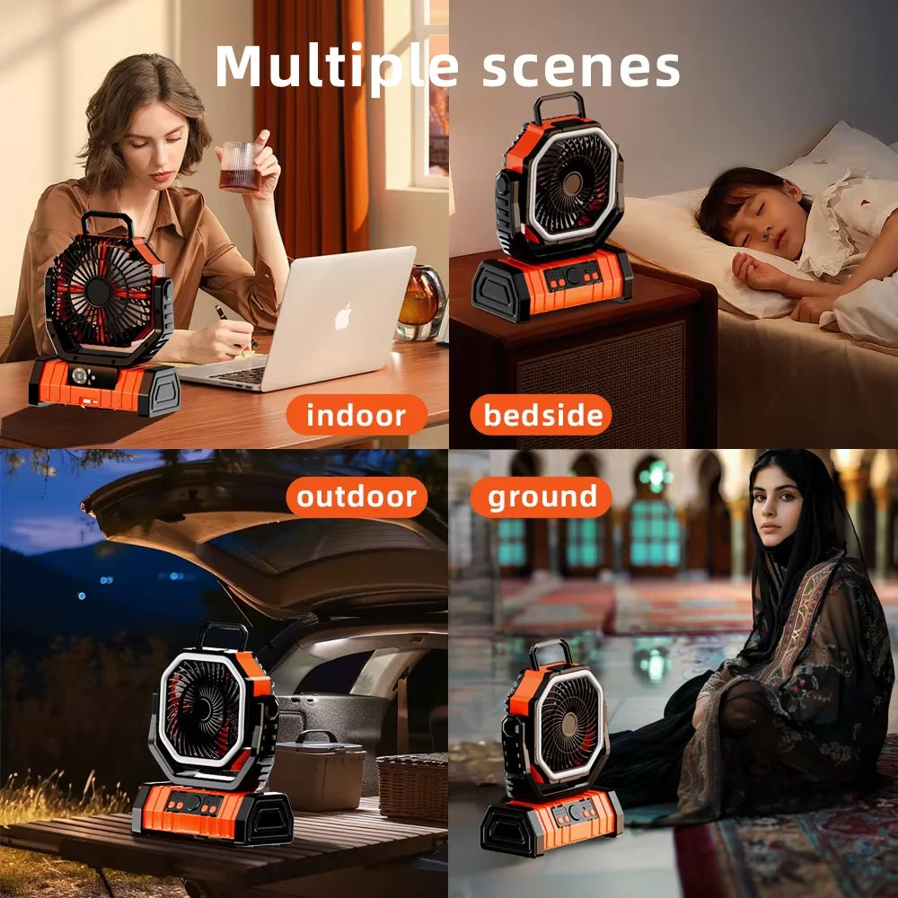 20000mAh Solar-powered Portable Rechargeable Outdoor Camping Fan with Lights