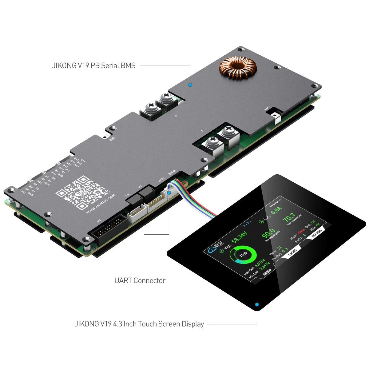 JK  BMS PB2A16S20P with 4.3inch Screen 16S 48V 100A 200A Smart BMS for Growatt Deye Inverters