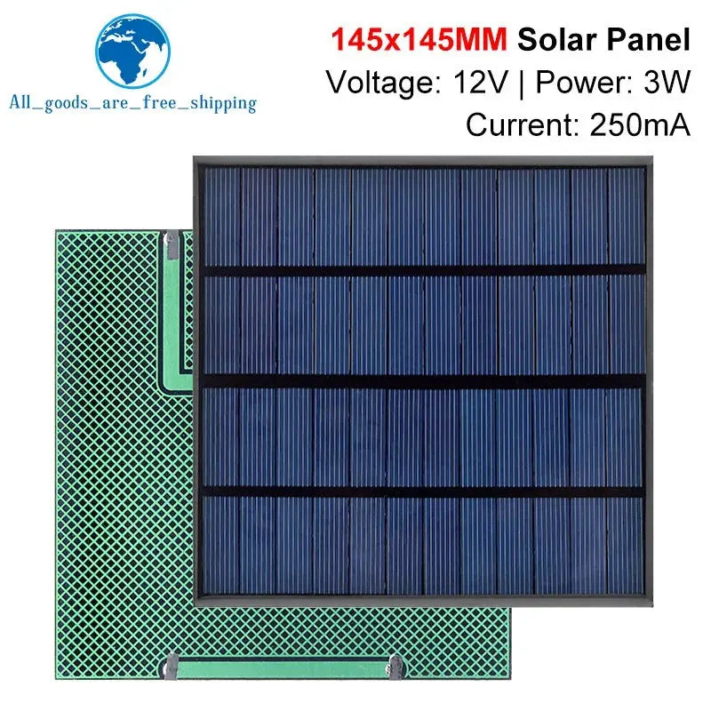 TZT 12V 250mA 3W Solar Panel Polycrystalline 145*145MM Mini Sunpower Solar System DIY for Battery Cell Phone Charger PRIME RJ SOLAR PH