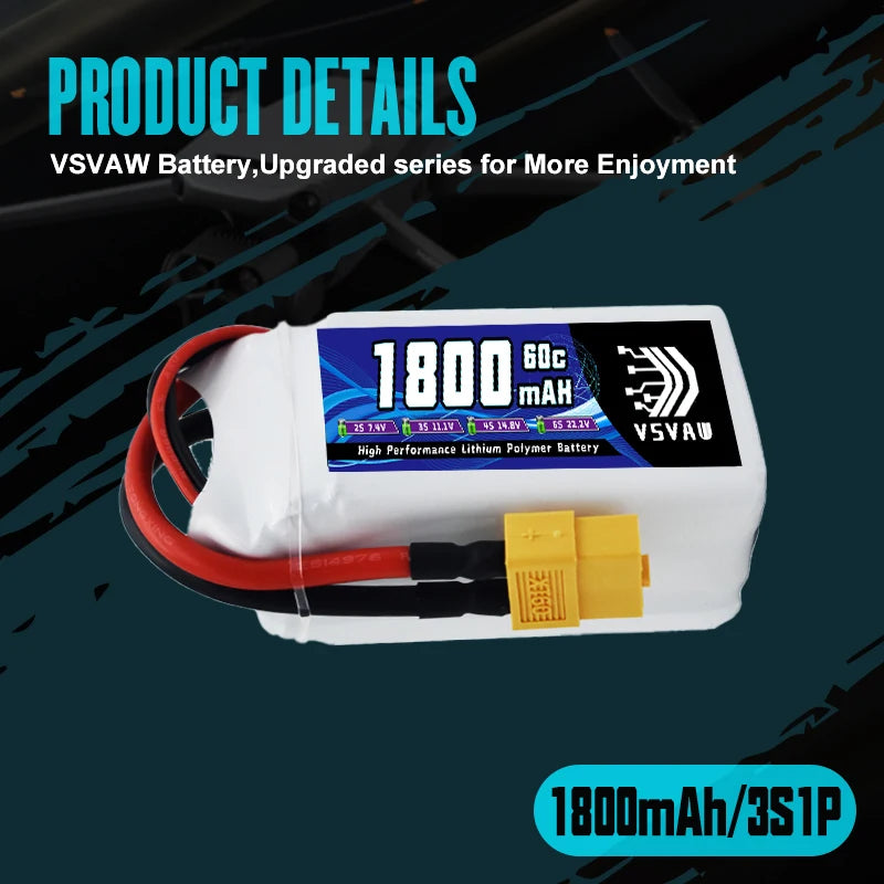 VSVAW 11.1V 1800mah 3S Drone Lipo Battery XT60 T Deans XT30 JST RC Parts 60C for FT012 Racing Boat Car Airplane Copter FPV Drone