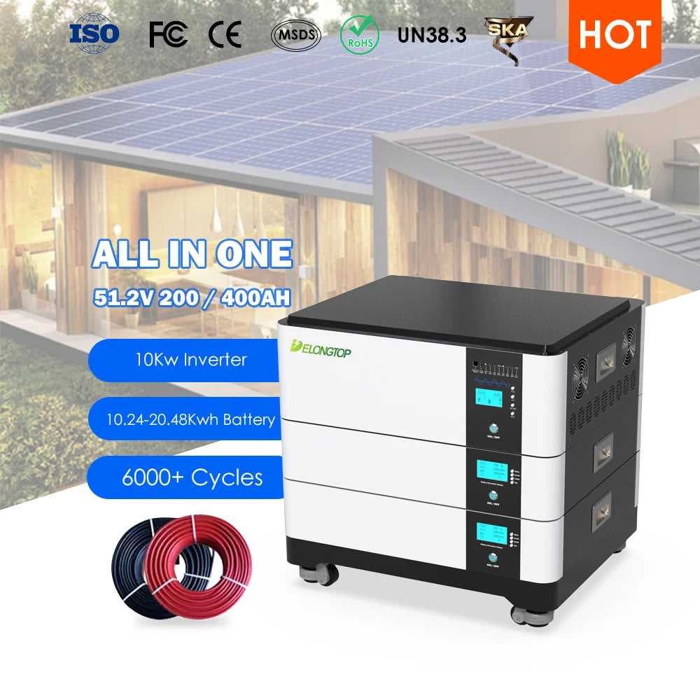 Delongtop All-in-One 12Kw Inverter Stackable 48V 51.2V 200Ah Lithium Battery for Solar Energy System Energy Storage 10Kwh LifePO4 Battery