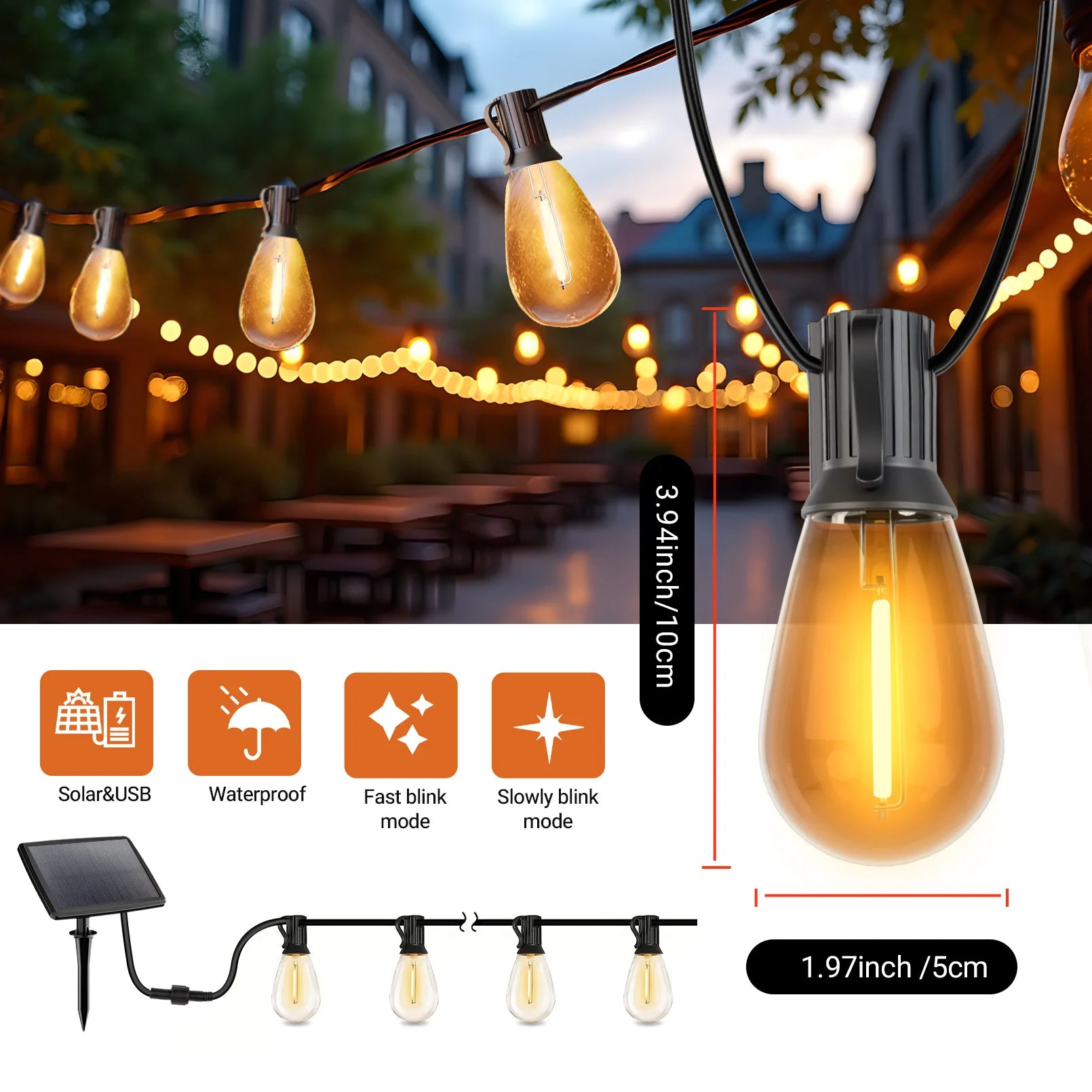 S14 100ft Solar String Lights Waterproof Outdoor Garden Patio Backyard 50 Bulbs 2700K Warm White Energy-Saving PRIME RJ SOLAR PH