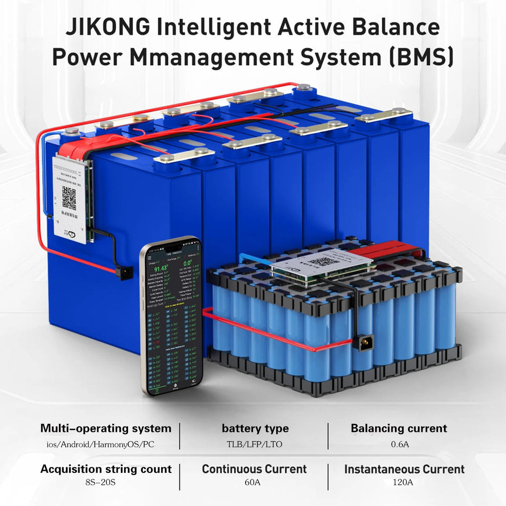 JKBMS 60A 120A Maximum Instantaneous JK-BD6A20S6P Smart 8S-20S Active Balancing 0.6A 24V 48V 72V LiFePO4 for