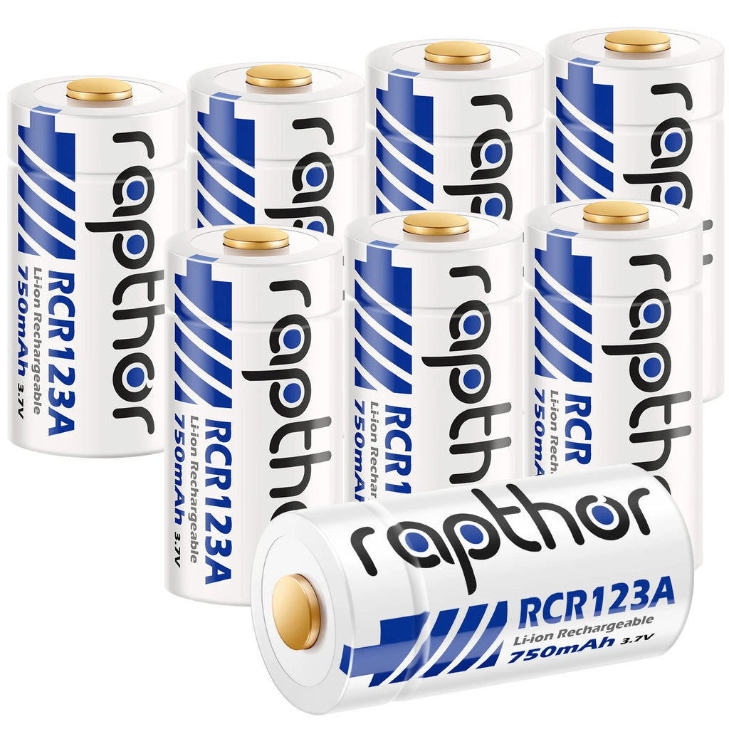 Rapthor Rechargeable 3.7V CR123A Lithium Batteries 750mAh Compatible with Arlo Cameras Flashlights Smart Sensors (8 Pack) PRIME RJ SOLAR PH