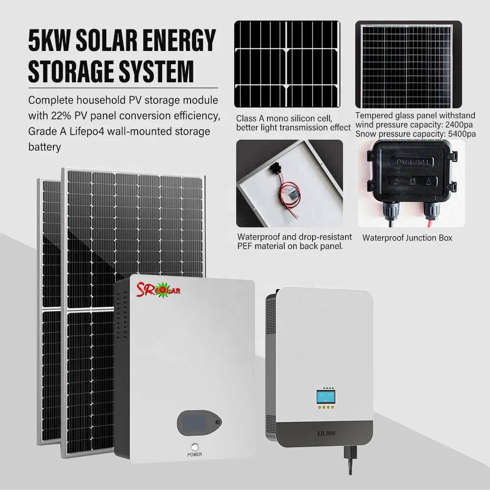 Hybrid Solar System 5KW 6KW 8KW 10KW 15KW 20KW 25KW 30KW Solar Panel System for Houses 220V Solar Energy Storage System Kits PRIME RJ SOLAR PH