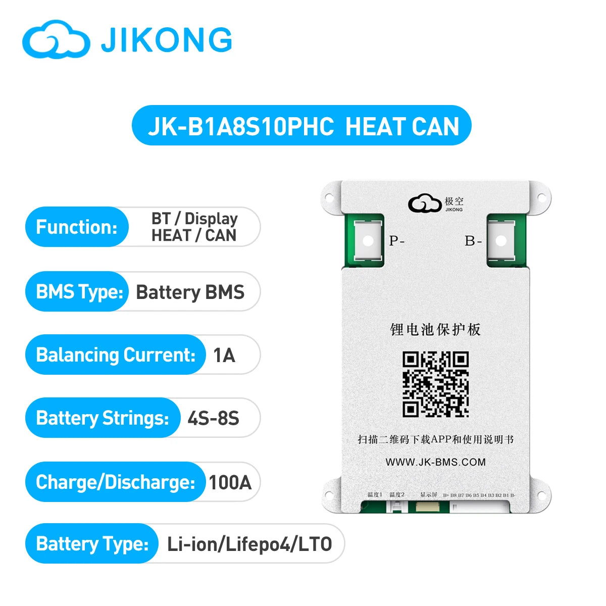 JKBMS JKI BMS Lifepo4 Lithium Ion Pack BT Energy Storage for 3S 4S 5S 8S PCBA 12V 24V