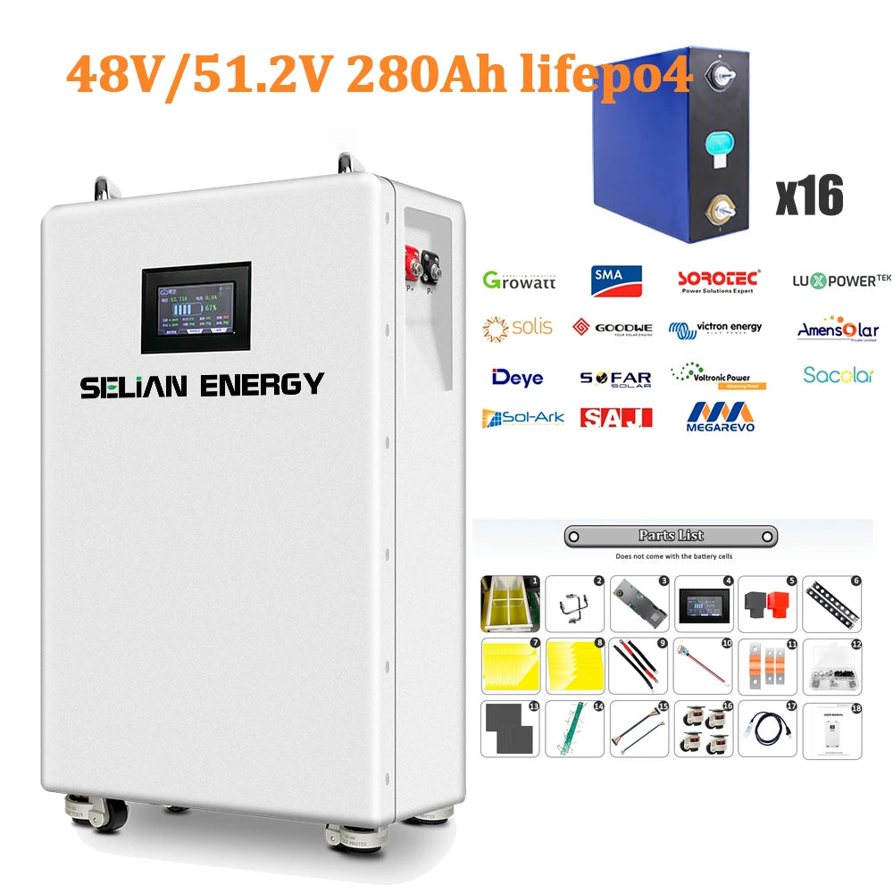 48V LiFePO4 280Ah 51.2V 14.33 kWh Lithium Iron Phosphate Battery with BMS RS485 16S Cells Pack for Home Energy Storage Solar PRIME RJ SOLAR PH