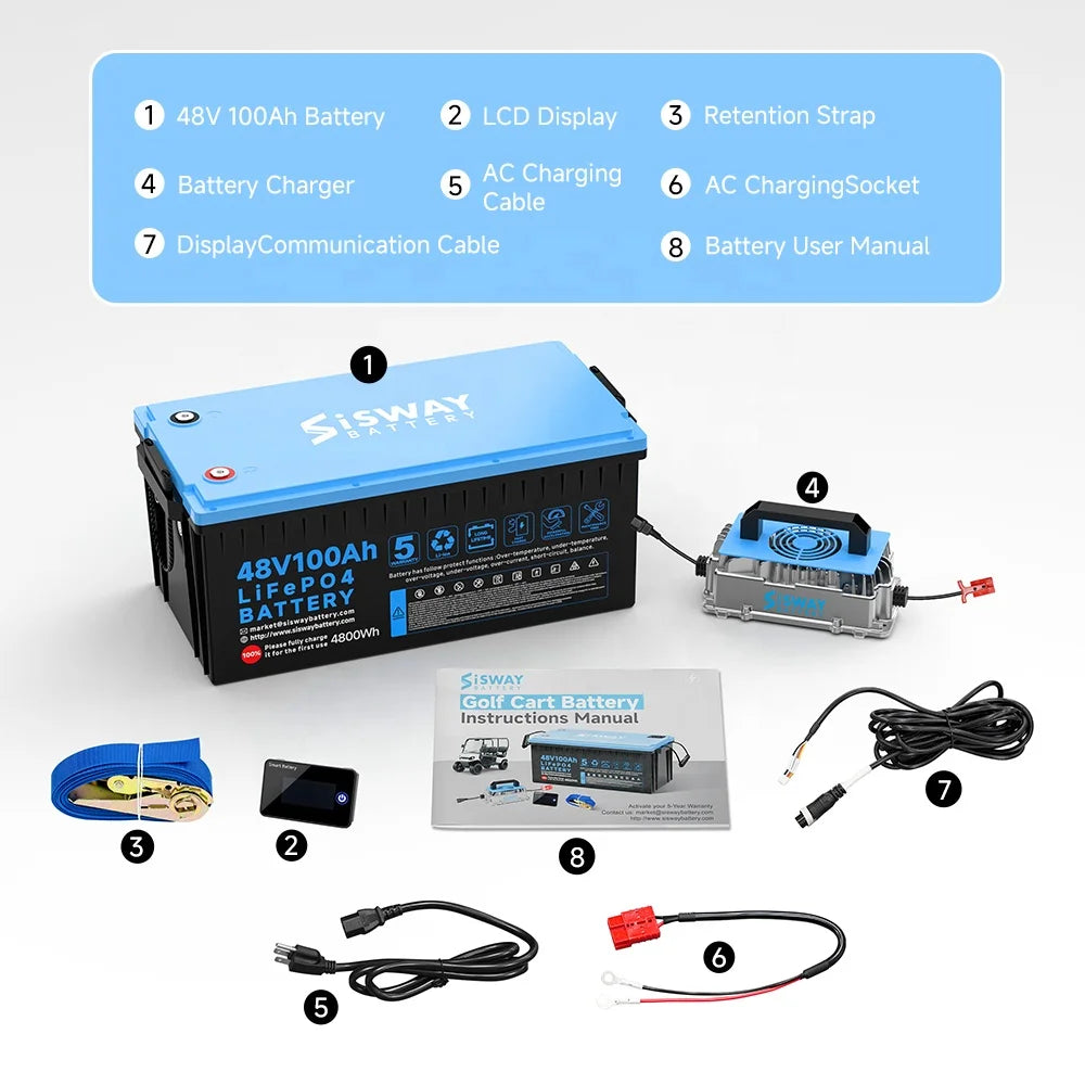 SISWAY 48V 100Ah LiFePO4 Golf Cart Battery with 48V 18A Charger, 4000+ Cycles Built-in Smart 200A BMS Compatible for Golf Cart.