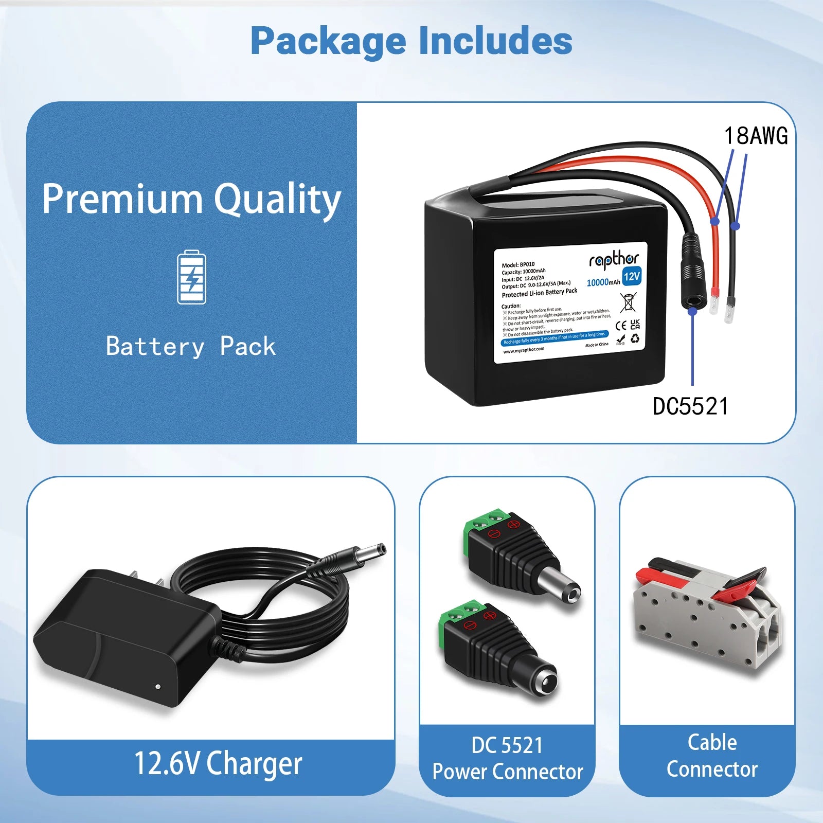 Rapthor Rechargeable 12V 10000mAh Lithium Ion Battery Pack with Charger for 12V Devices with DC5521 Port, DIY Project  Etc