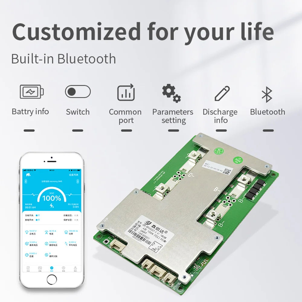 Jiabaida Build-in BT 3S 4S 12V 60A 100A 120A 150A 200A Smart BMS UART Heating Series Connect