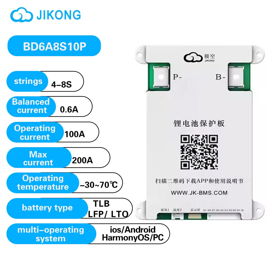 Jikong Universal Smart BMS JK-BD6A8S10P PCBA 100A 200Ah 3S-8S 12V-53V LiFePO4 3.7V GPS Home Energy Storage ISO9001 FCC CE