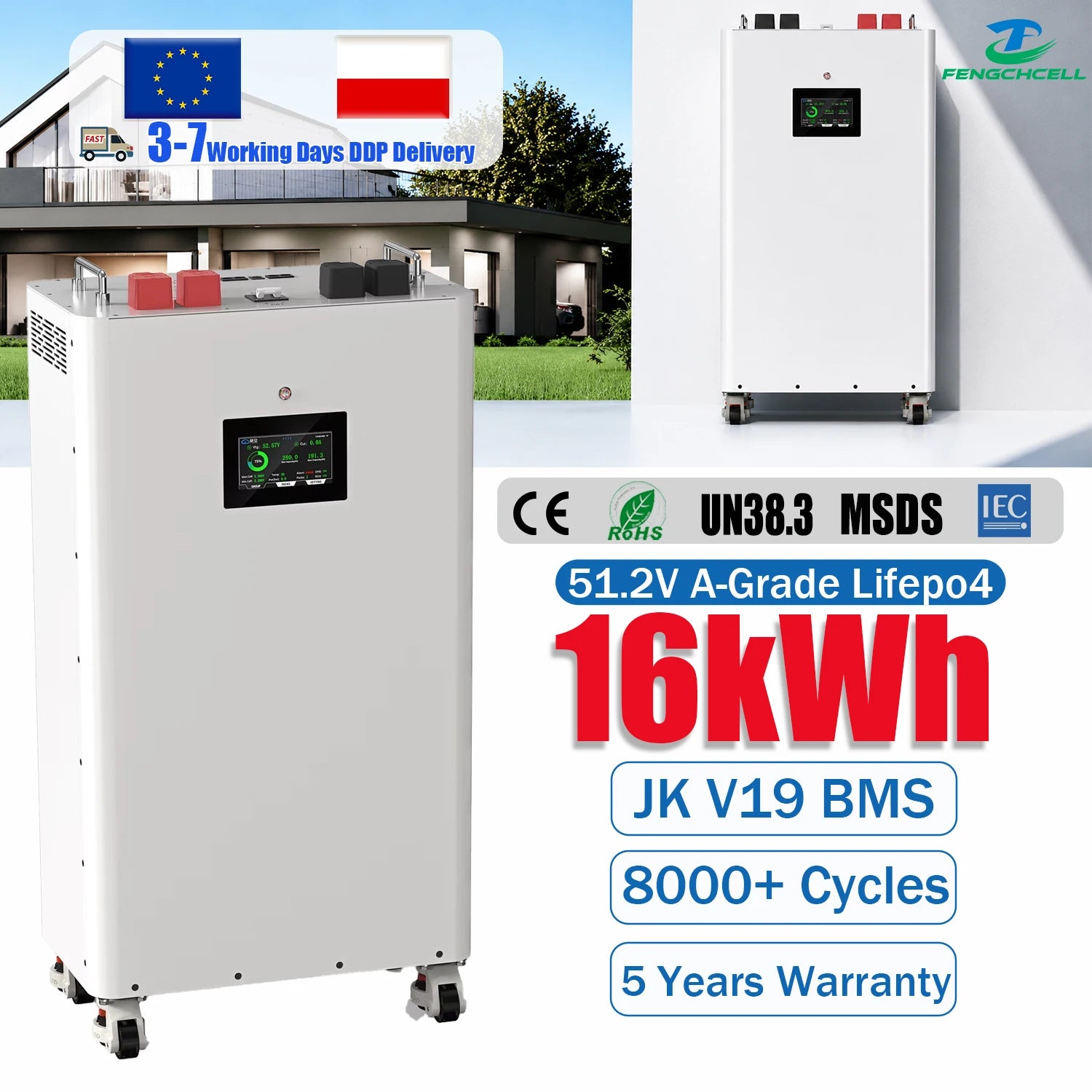 PL Local Stock 48V 51.2V Movable Floor Standing 314Ah Lifepo4 Solar Battery with JK V19 BMS for Home Power Energy Storage