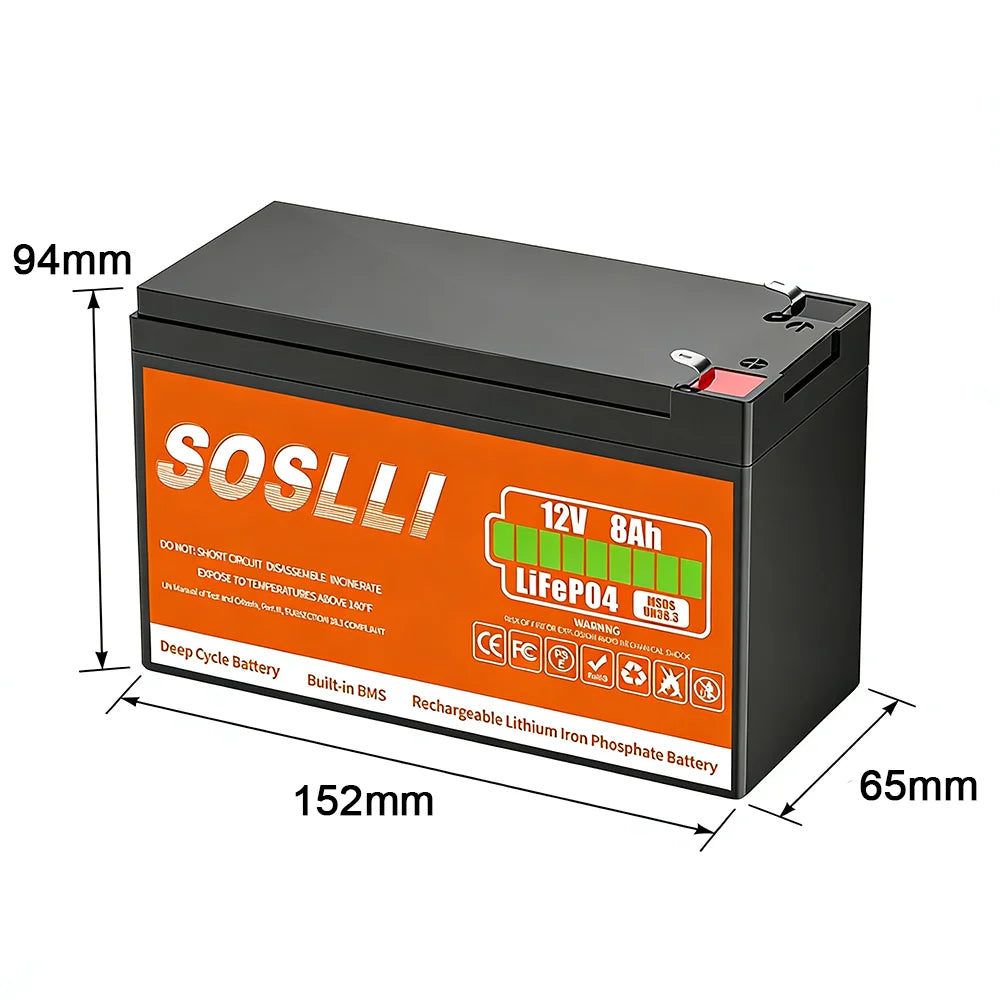 Steady SOSLLI 12V 8Ah LiFePO4 Battery 102.4Wh Lithium Iron Phosphate for Portable Fish Finder Depth Sounder Power ESS