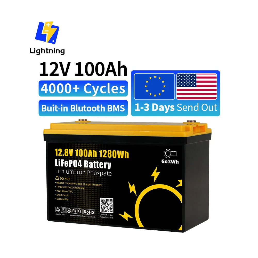 GoKWh Bluetooth 12V 100Ah Battery Lifepo4 LFP 12.8V 100A 200Ah Lithium Ion Solar Pack Battery 300Ah 24V Lithium Ion Batteries PRIME RJ SOLAR PH