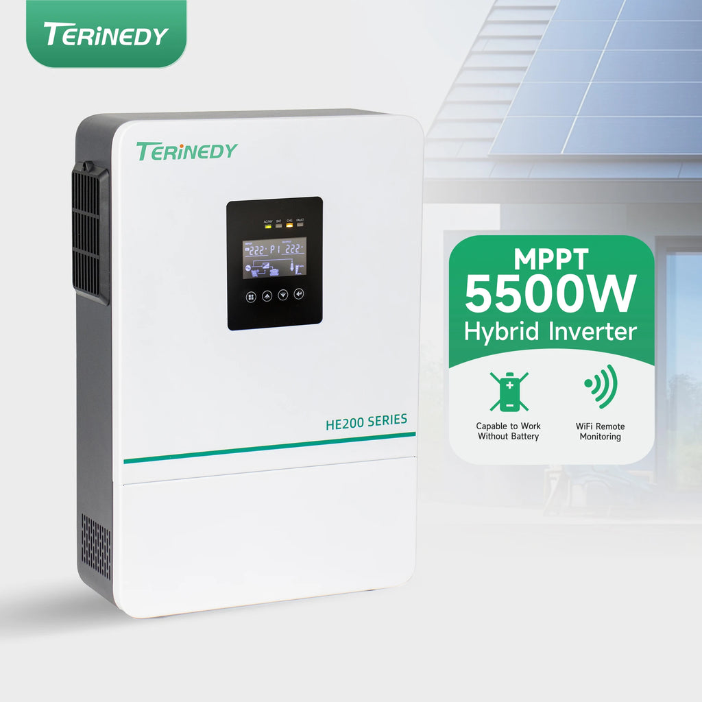 Terinedy HE200-4200 3.6KW/5.5KW Single Phase Hybrid Solar Inverter LCD Display MPPT Charge Controller 99.5% Efficiency Lead PRIME RJ SOLAR PH