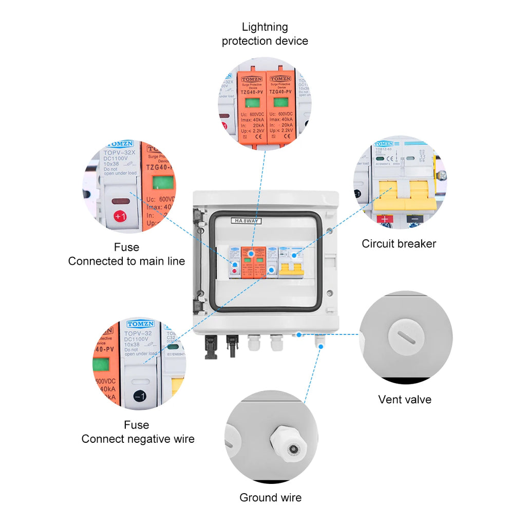 Solar Photovoltaic PV Combiner Box With Lightning Protection 1 Input 1 Out DC 600V Fuse MCB SPD Waterproof Box IP65 8ways
