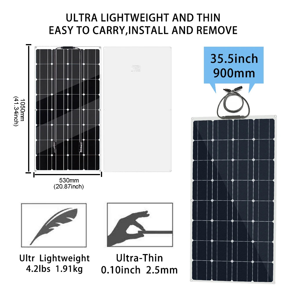 ASUNERGY RGN33-100A 100W 200W 300W 400W Flexible Waterproof Monocrystalline Solar Panel Kit 12V Camping Home Car Off-Grid System CE RoHS