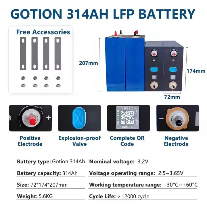 12000 Cycles Gotion 314Ah 325AH~330Ah Lithium Battery Prismatic 3.2V 300Ah 314Ah 340Ah Rechargeable LiFePO4 Battery PRIME RJ SOLAR PH
