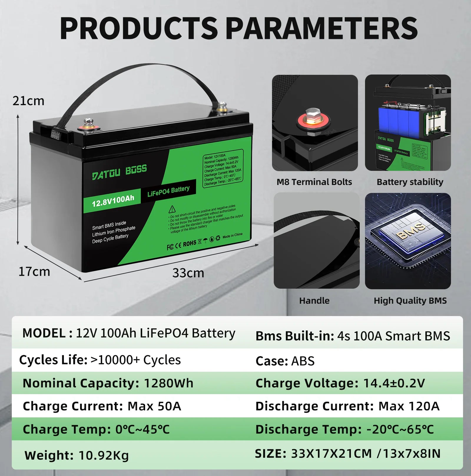 USA Local Stock Free Tax DATOUBOSS 12.8V 100Ah LiFePO4 Battery Smart BMS for Solar/RV/Golf Cart Lithium Battery Pack