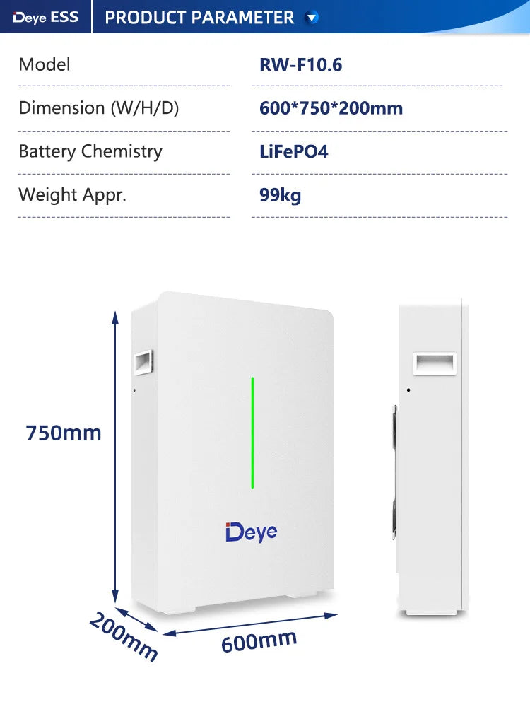 Solar Battery 51.2v 206ah Deye RW-F10.6 Wall-Mounted LFP Battery Lithium Ion Power Wall Mounted Easy Install Ready to Ship