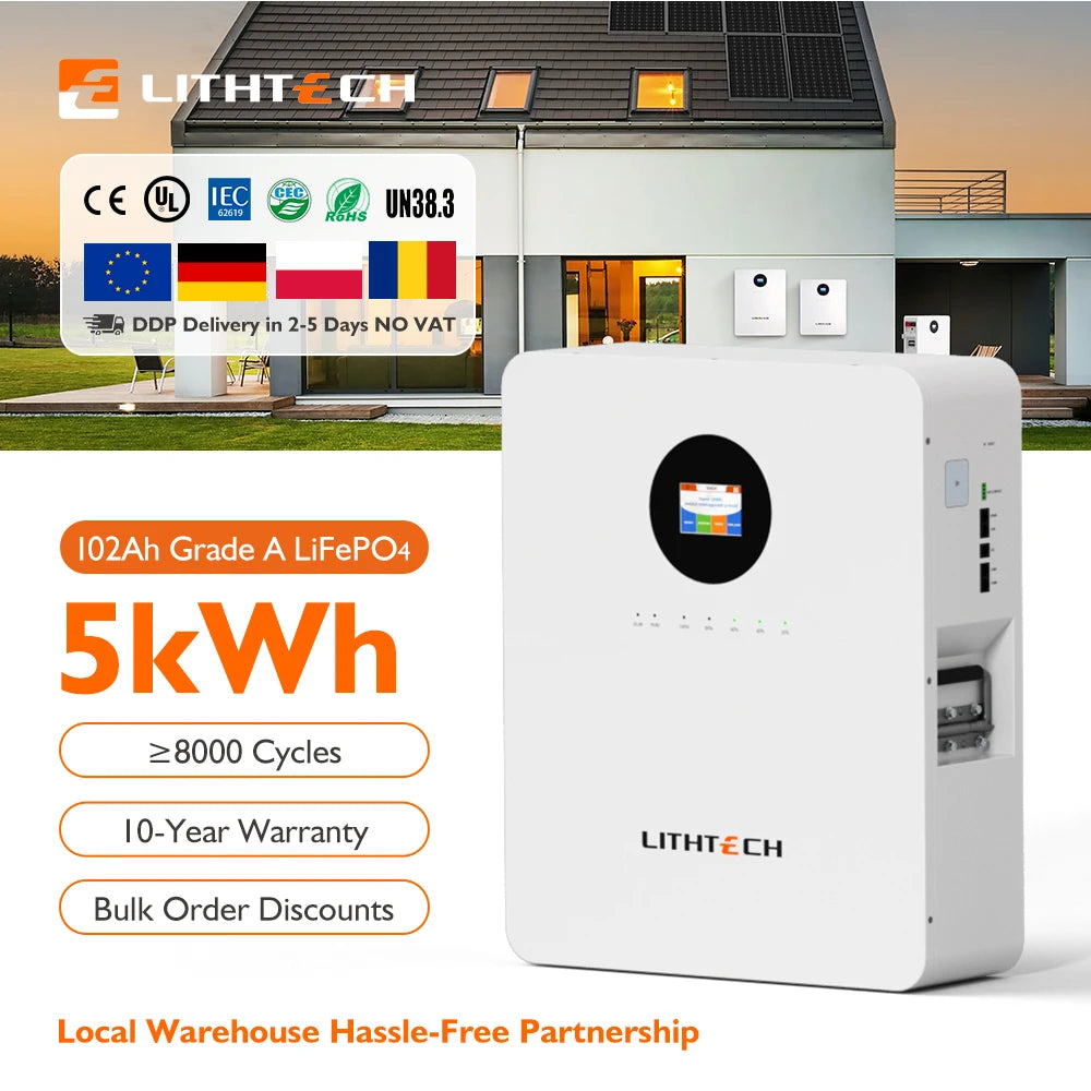 LITHTECH - New in Stock Power Storage Wall 48v 100ah 200ah 400ah Lithium Ion Lifepo4 5kwh 10kw 20kwh Solar Energy Storage Battery
