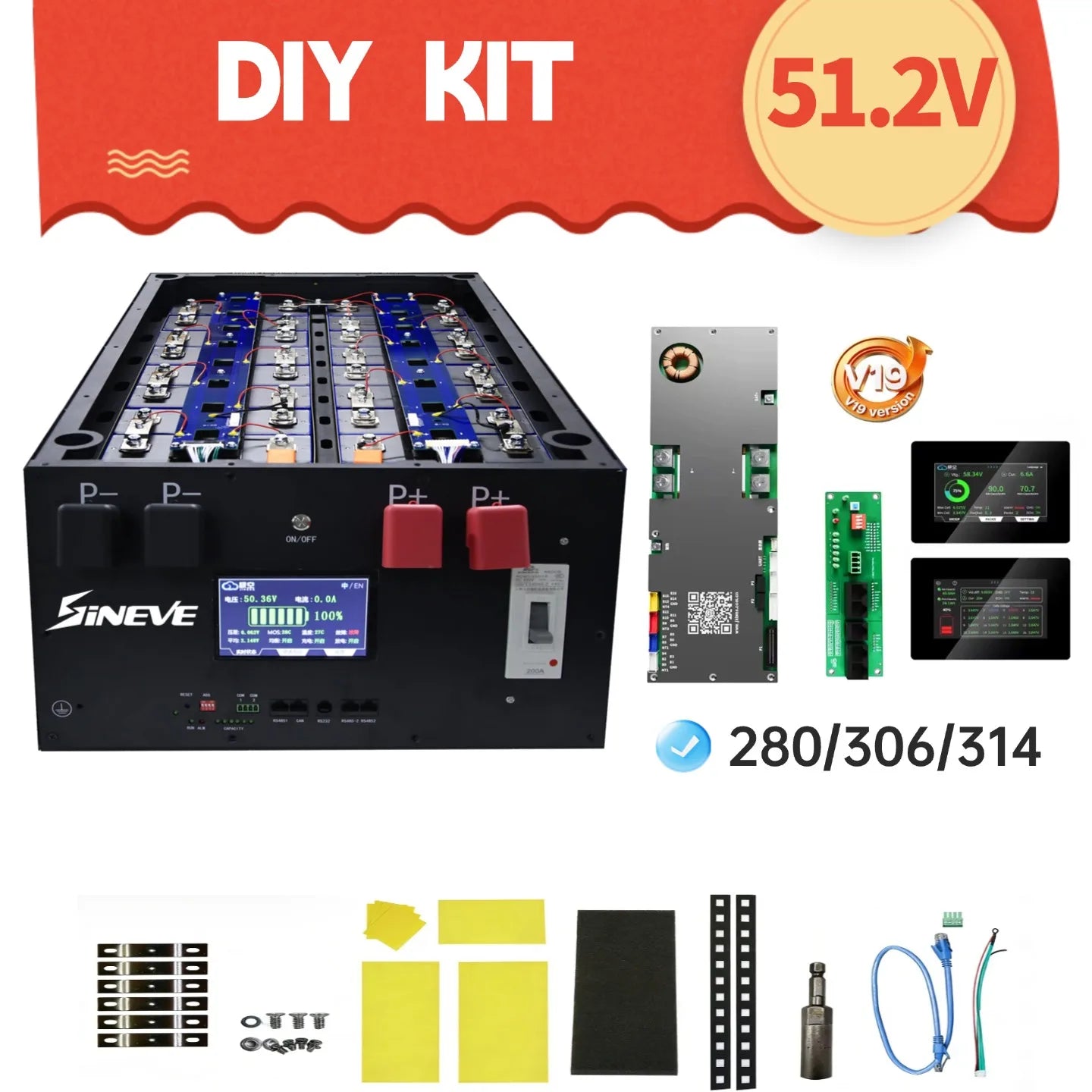 China EU Stock Sineve DIY Kit 48V LiFePO4 Energy Storage Battery Pack with LCD Display 10-11kWh 16S 230A JK BMS Customized Racks