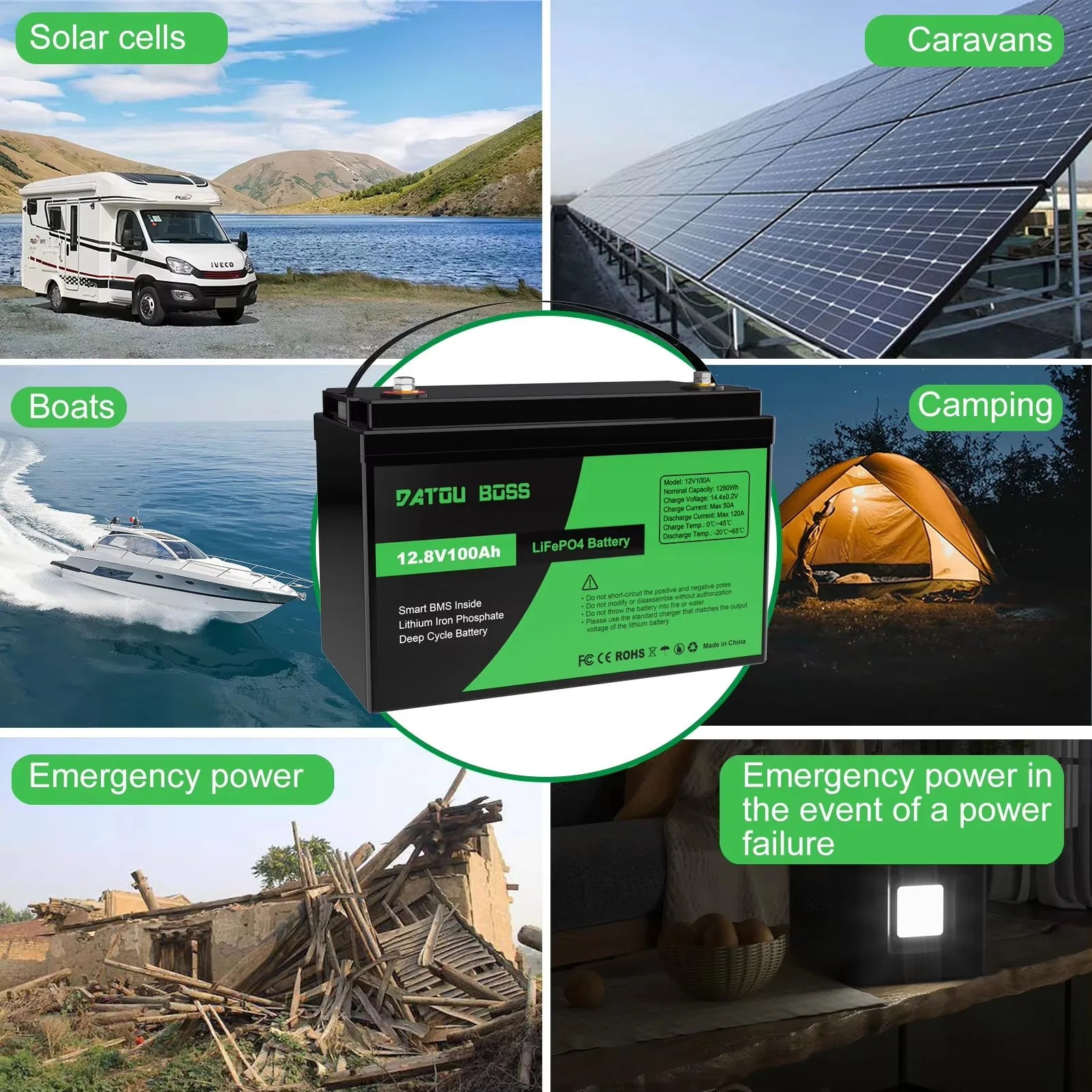 DATOU BOSS US Stock Solid State LiFePO4 Battery 12V 100Ah Built-in 100A BMS 1280Wh 6000 Cycles Power Supplies/RV/Solar