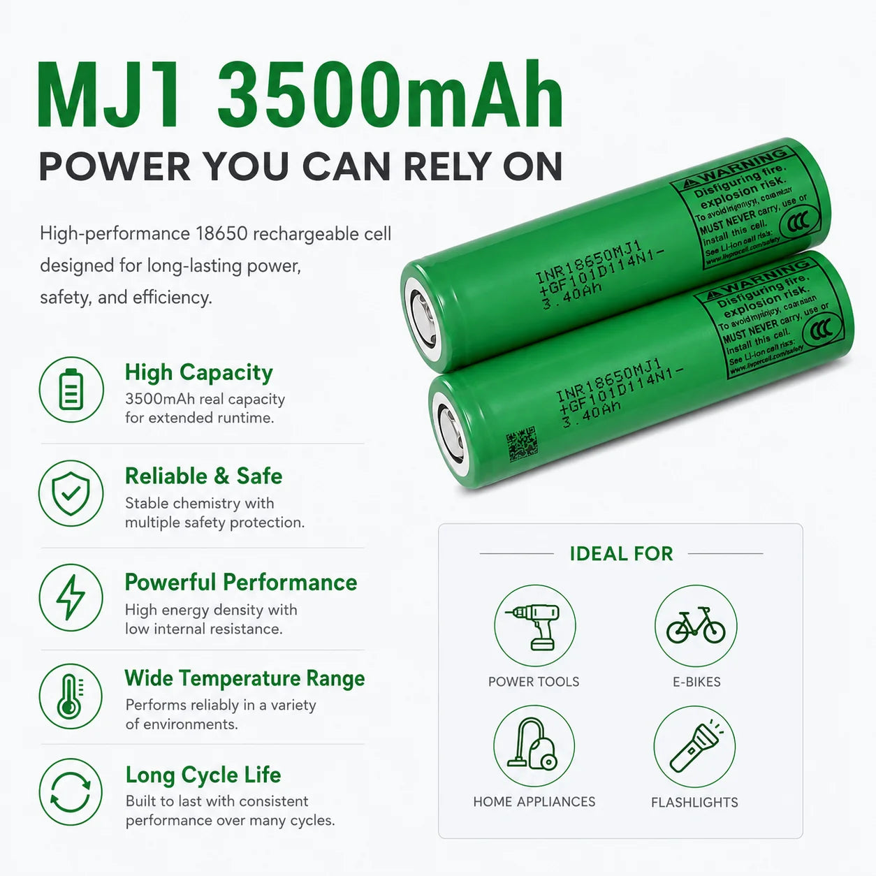 Original MJ1 18650 Deep Cycle Battery Flat Top 3500mAh Lithium Cell 10A 3.7V Rechargeable Battery in Stock 500 Cycles