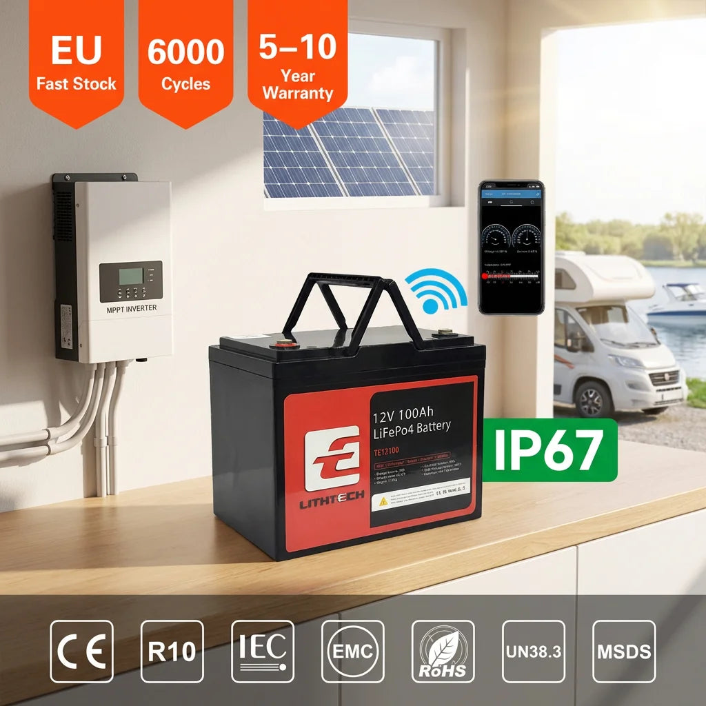 Deep Cycle Smart BMS Bluetooth 12V 100Ah RV Marine Solar Backup Long Life Lightweight Lead Acid Replacement LiFePO4 Battery