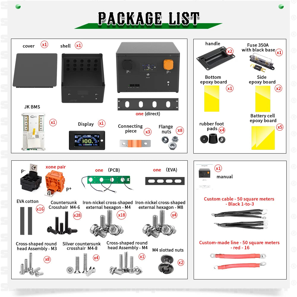 EU Stock MB56 4S 12V 628Ah 8kWh LiFePO4 Battery DIY Kit with JK 16S 300A Smart BMS for EVE MB56 Cells Power Storage Box