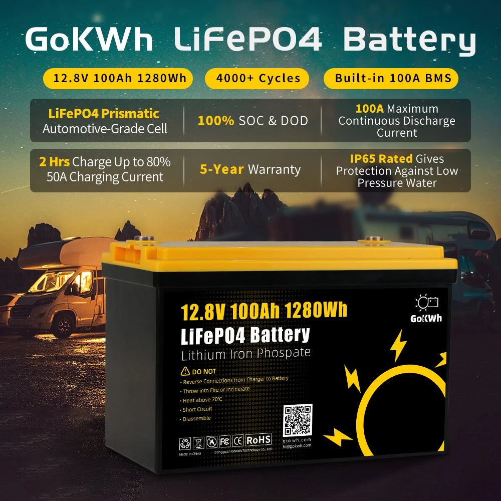 GoKWh Bluetooth 12V 100Ah Battery Lifepo4 LFP 12.8V 100A 200Ah Lithium Ion Solar Pack Battery 300Ah 24V Lithium Ion Batteries PRIME RJ SOLAR PH