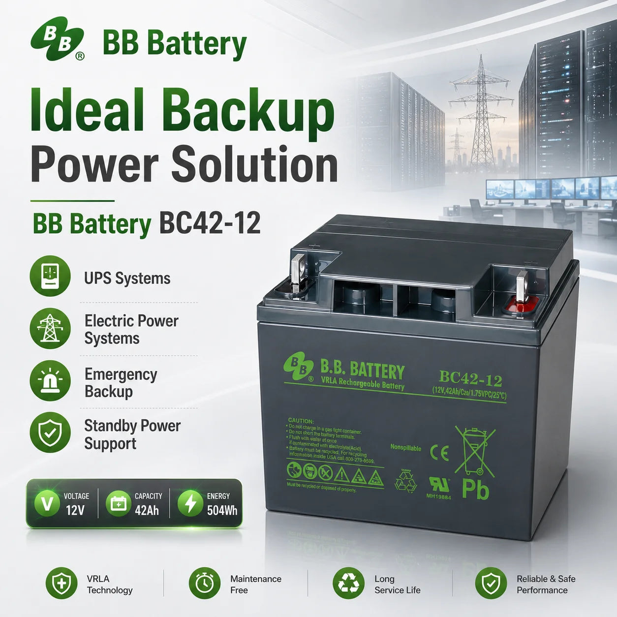 Reston Bb-Bc42-12series 12v 504 Wh Valve Regulated Lead Acid Battery Fire Alarm System