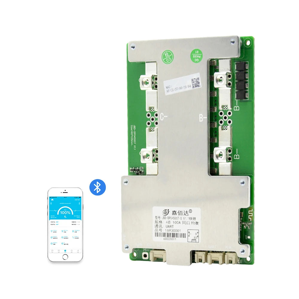 Jiabaida Build-in BT 3S 4S 12V 60A 100A 120A 150A 200A Smart BMS UART Heating Series Connect
